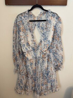 Ruffled Floral Long-Sleeve Mini Dress - Cream with Blue & Orange Floral